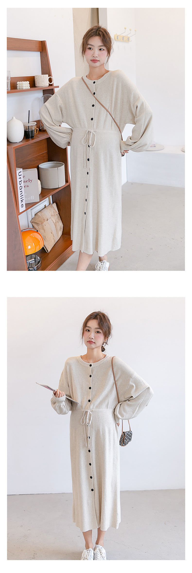 針織寛鬆圓領抽繩連身裙