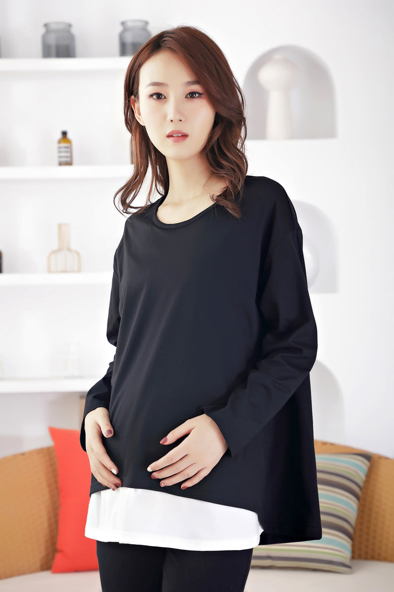 棉質百搭配色長袖哺乳上衣