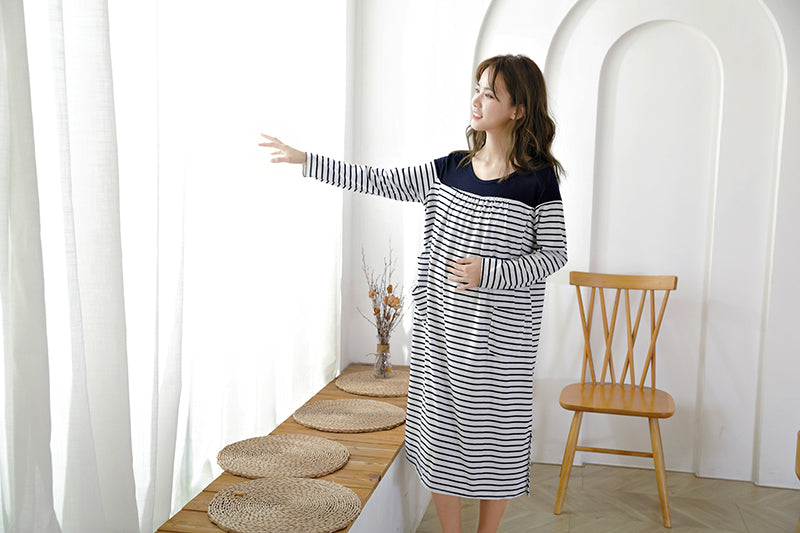 Japanese-Style Striped Nursing Long Dress