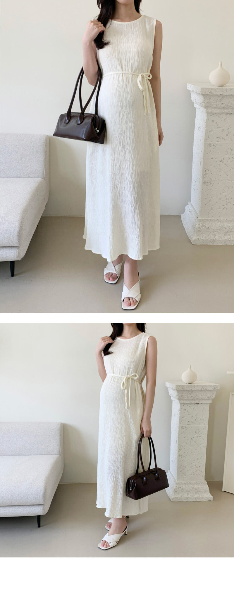 Pleated Sleeveless Dress with Waist Belt