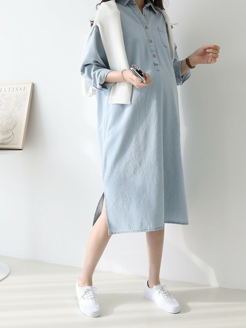 Lapel Oversized Long-Sleeved Denim Dress