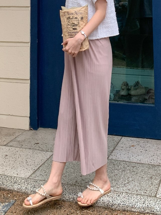 Solid Pleated Stretched Wide-Leg Pants