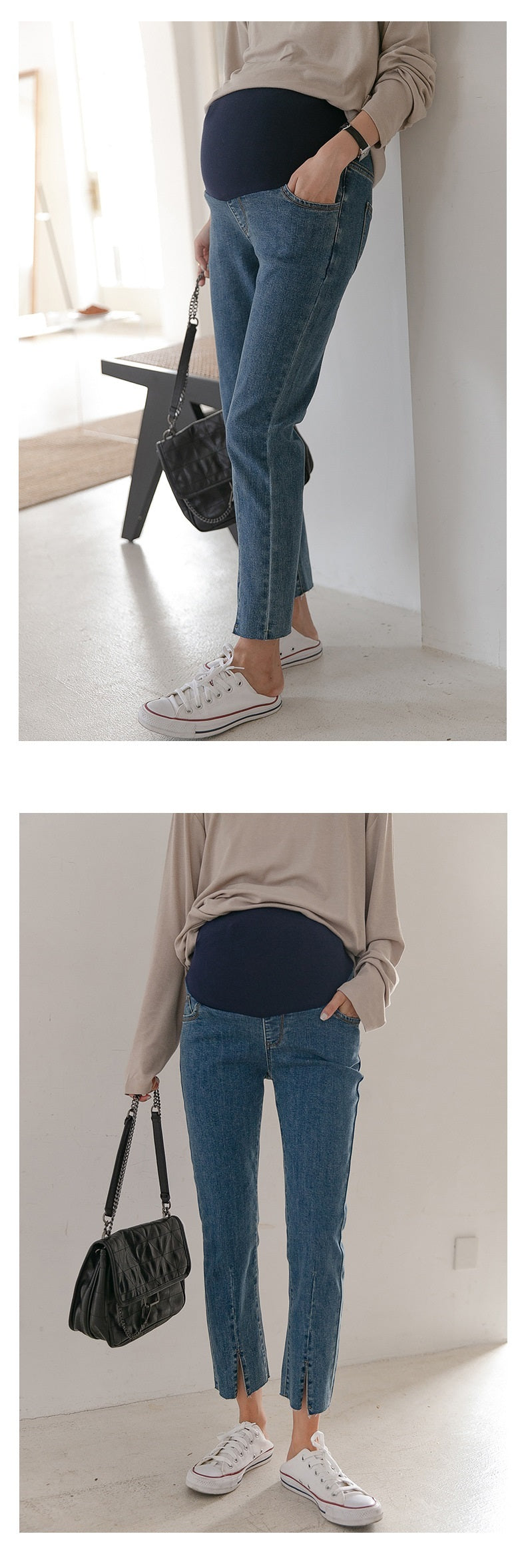 Split Hem Denim Jeans with Adjustable Waistband