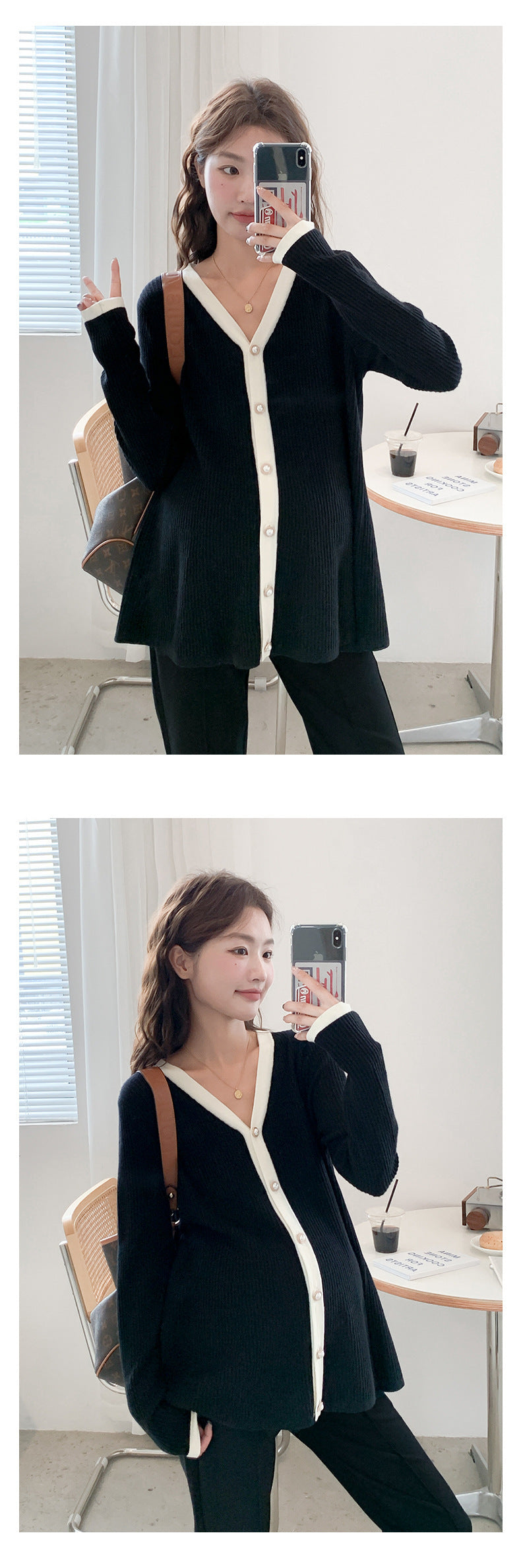 V-Neck Color Matching Ribbed Knit Coat
