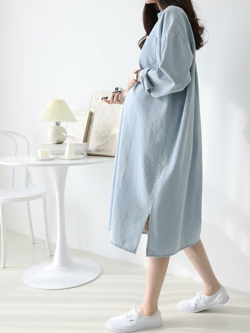Lapel Oversized Long-Sleeved Denim Dress