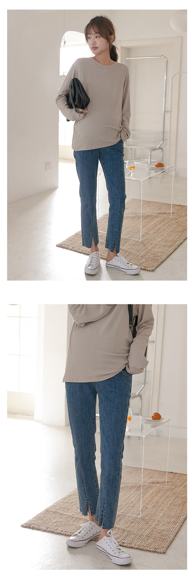 Split Hem Denim Jeans with Adjustable Waistband