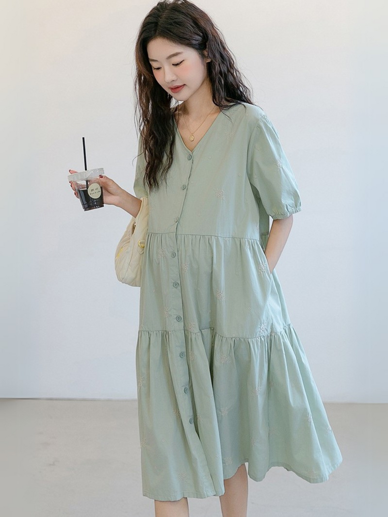 V-Neck Embroidered Layer Tiered Dress