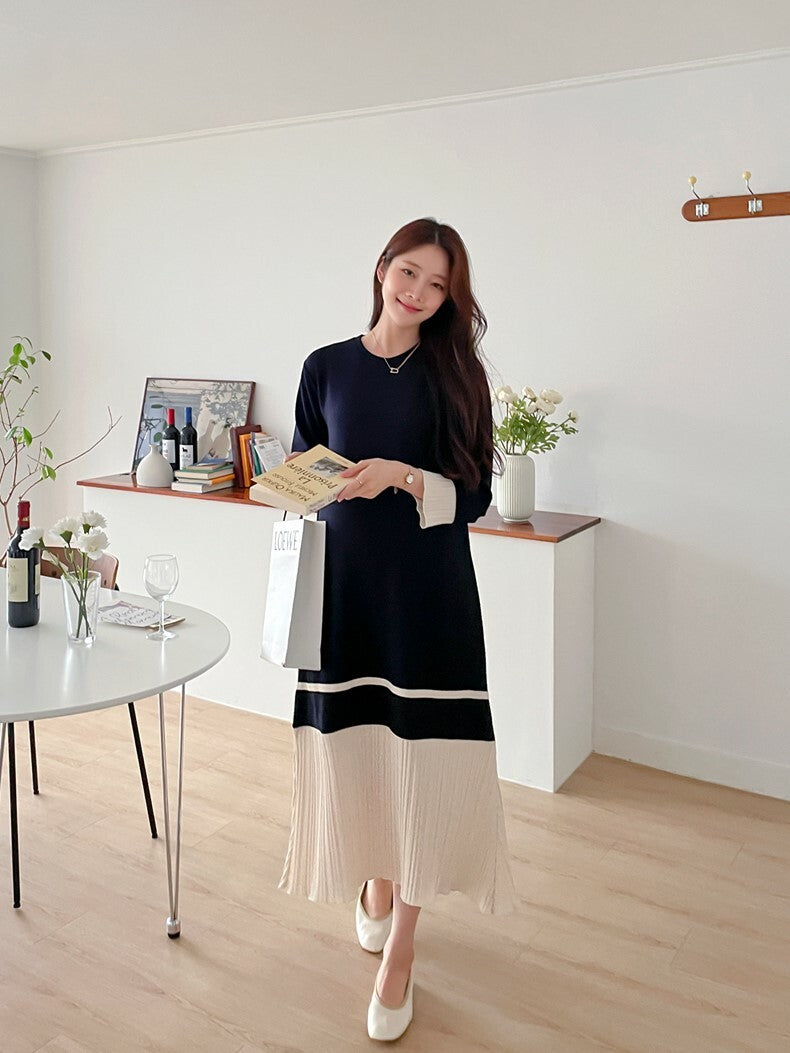 Pleated Two-Toned Midi Dress