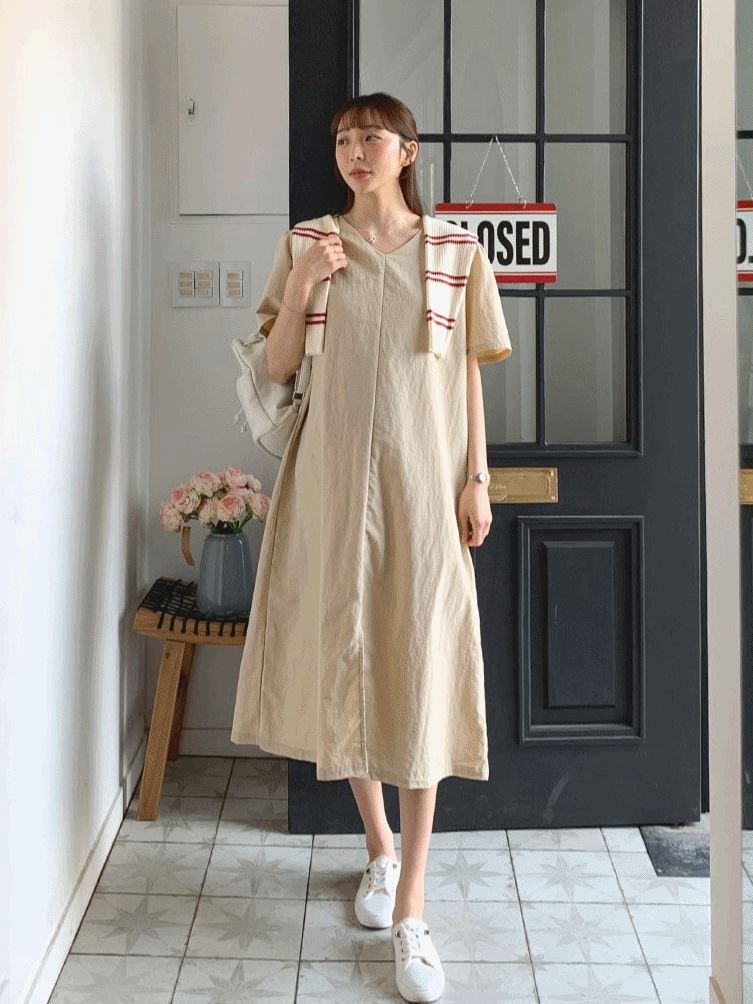 Simple Plain Color V Neck Midi Dress