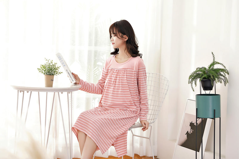 Japanese-Style Striped Nursing Long Dress