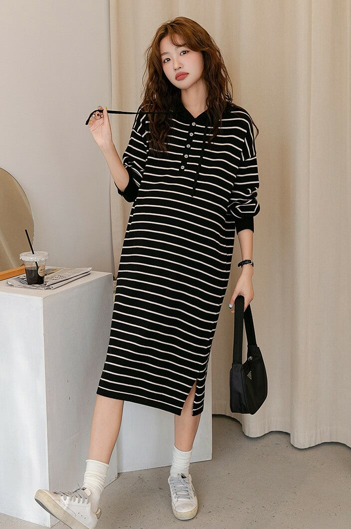 Hooded Knit Striped Midi Dress