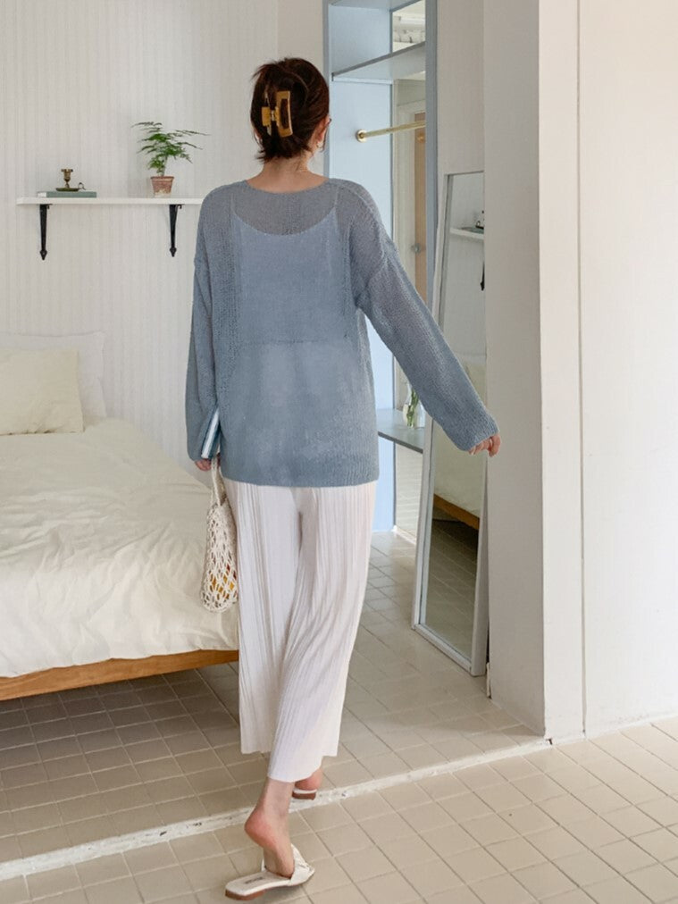 Solid Pleated Stretched Wide-Leg Pants