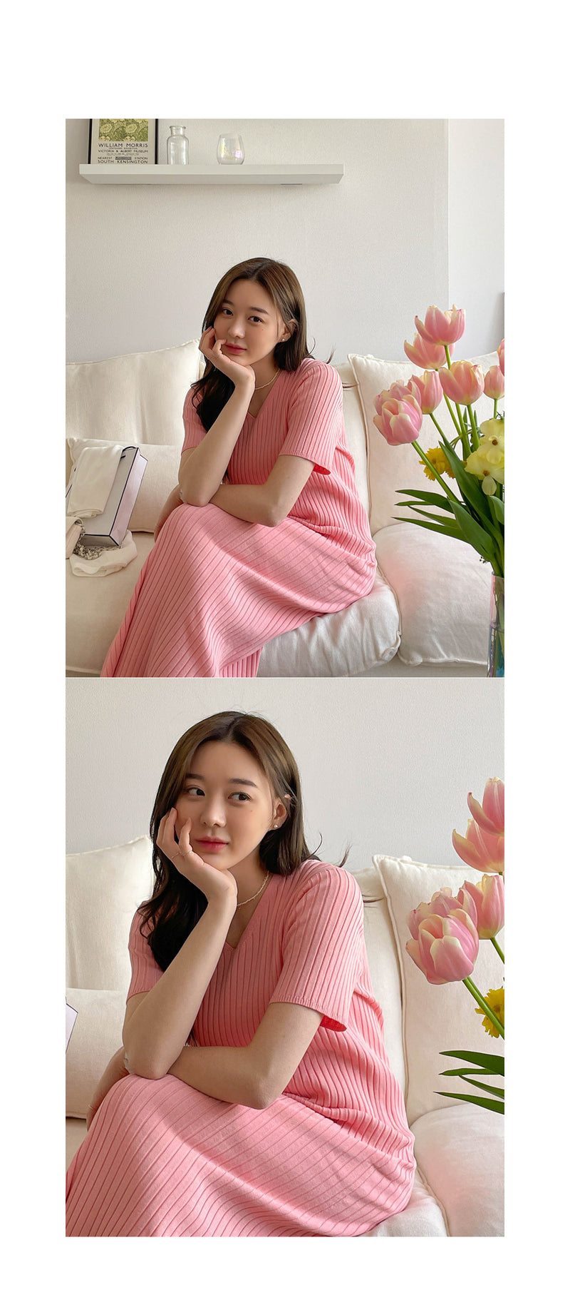 V Neck Ribbed Cooling Knit Dress