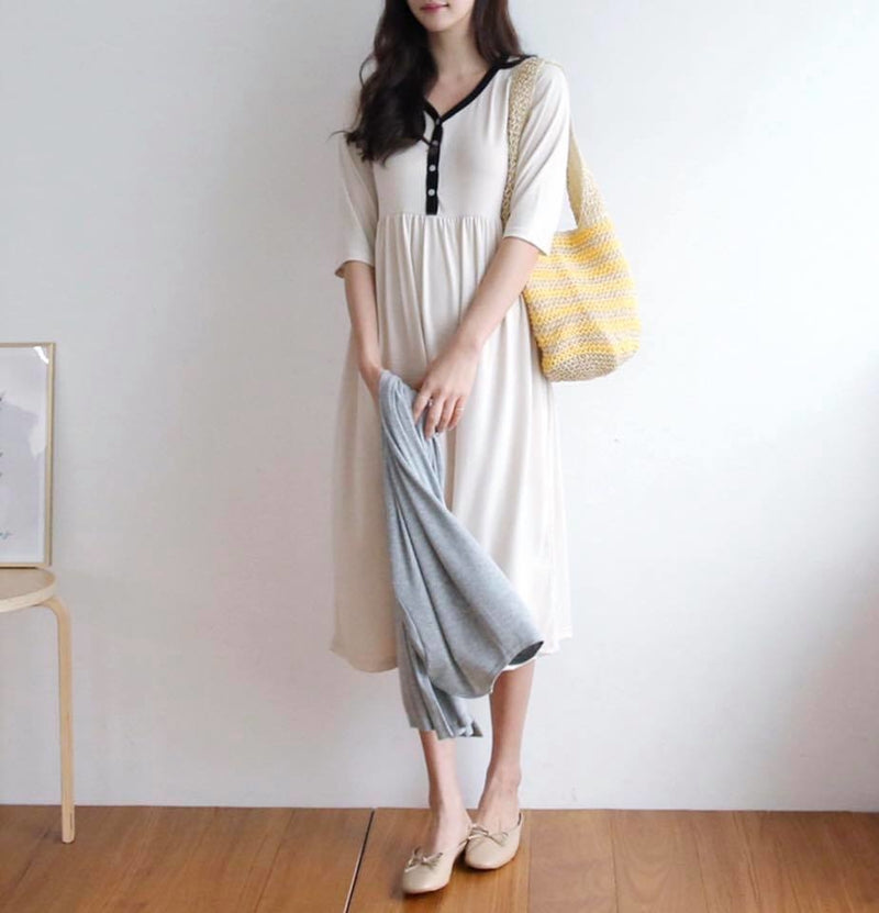 Soft Cotton Color Matching Buttoned Nursing Dress