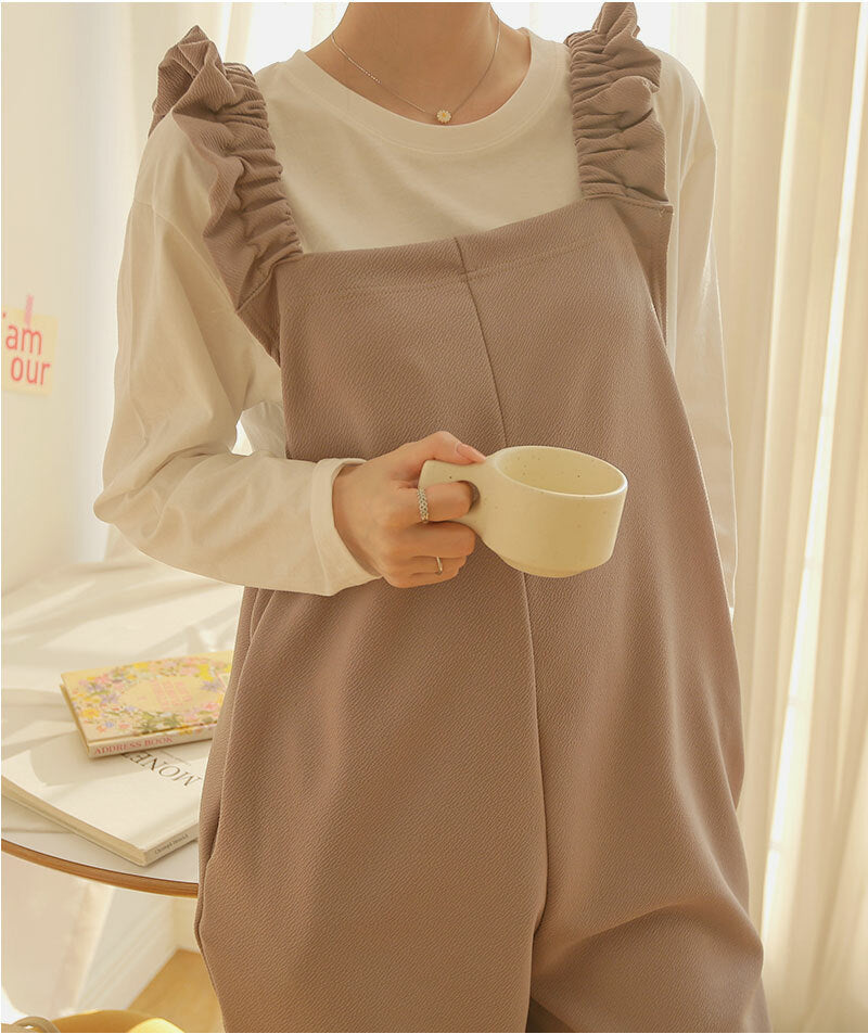 Frilled-Strap Wide-Leg Overall Pants