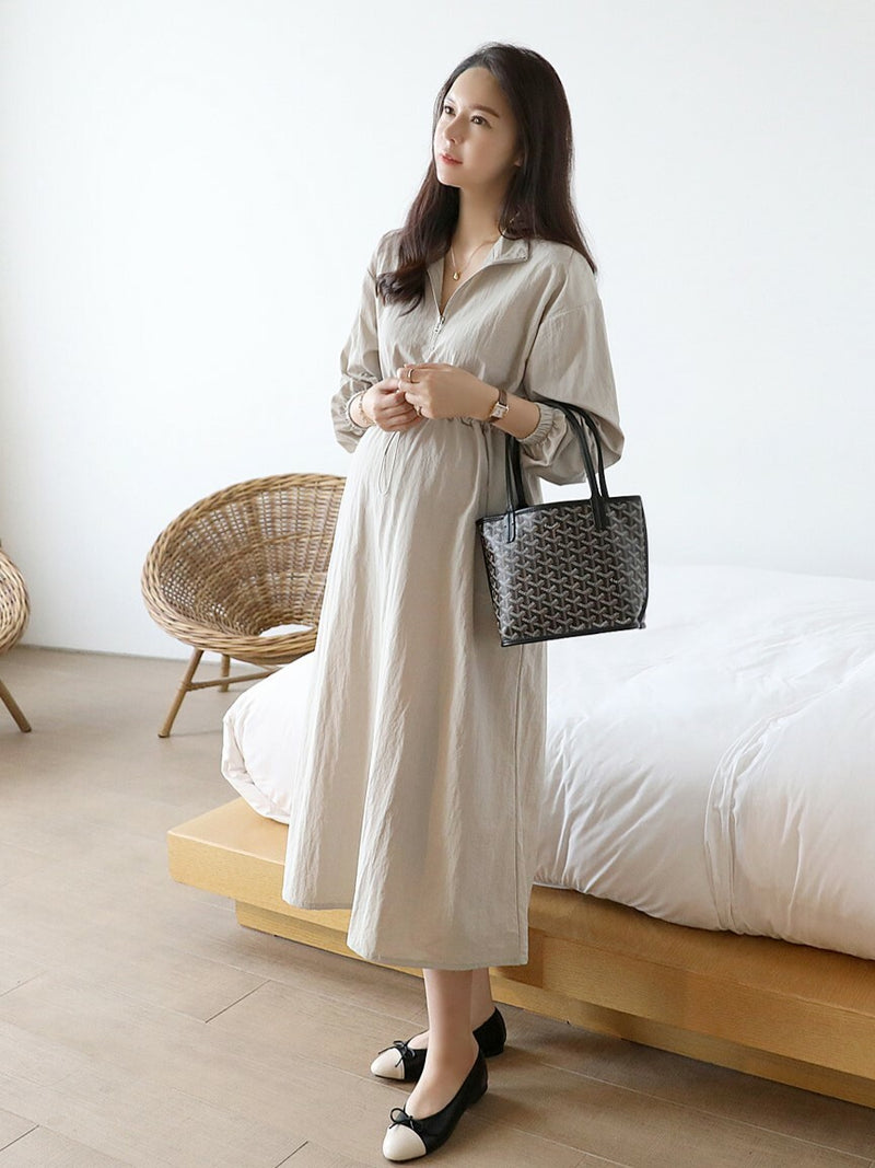 Simple Plain Color Drawstring Zip Up Dress