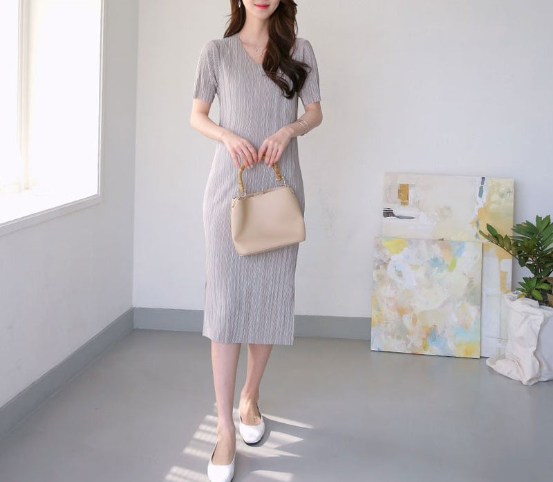 Solid Pleated Midi Dress