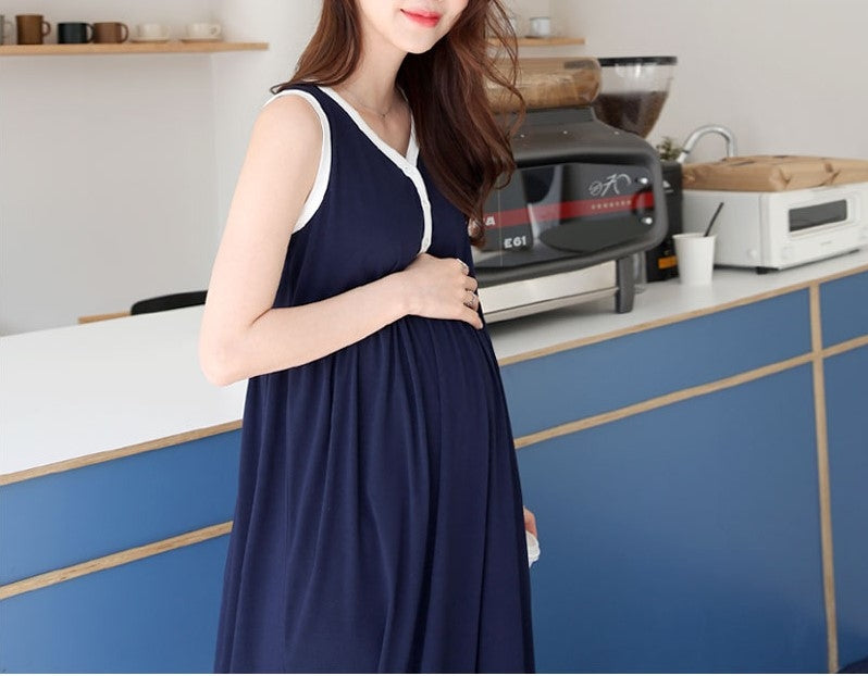 柔棉配色鈕扣哺乳背心裙