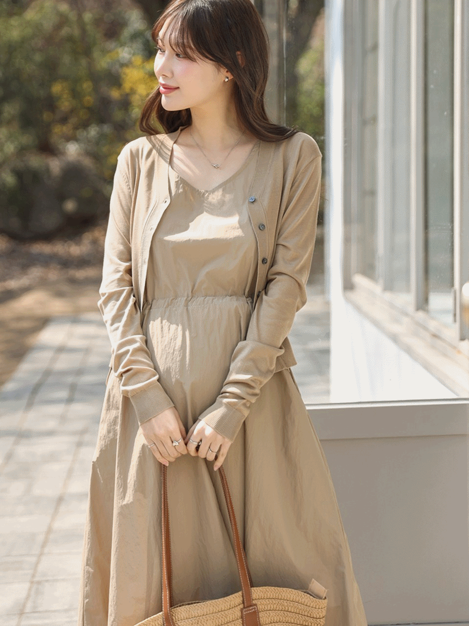Solid Color Jacket with Round Neck Drawstring Vest Dress Set