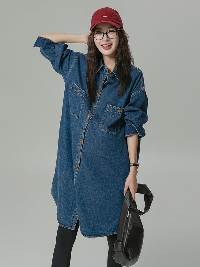 Lapel Oversized Long-Sleeved Denim Dress