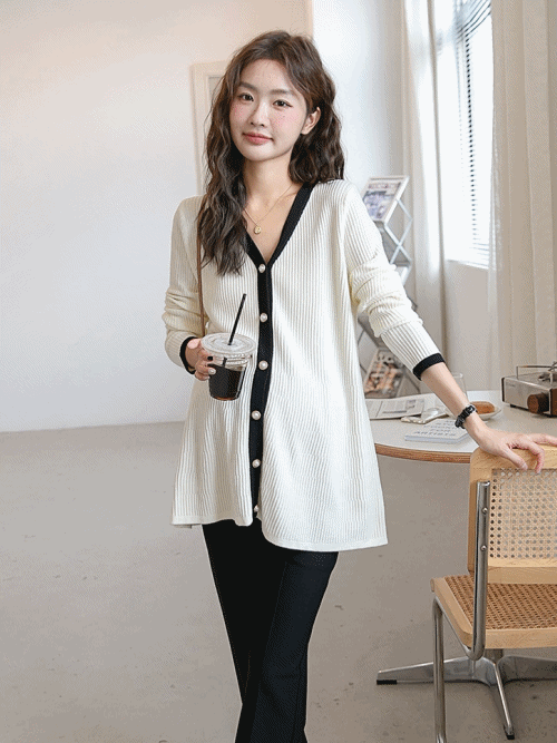 V-Neck Color Matching Ribbed Knit Coat