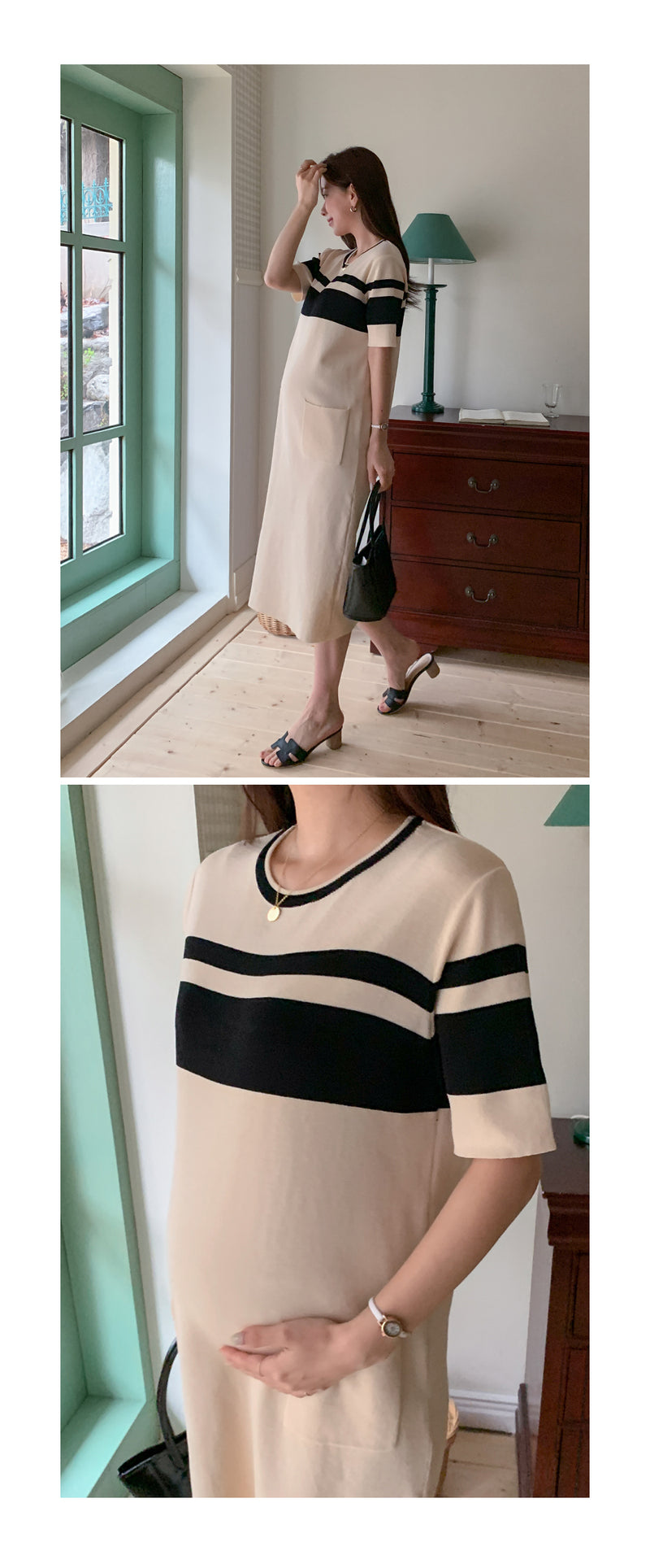 Simple Round Neck Pocket Dress