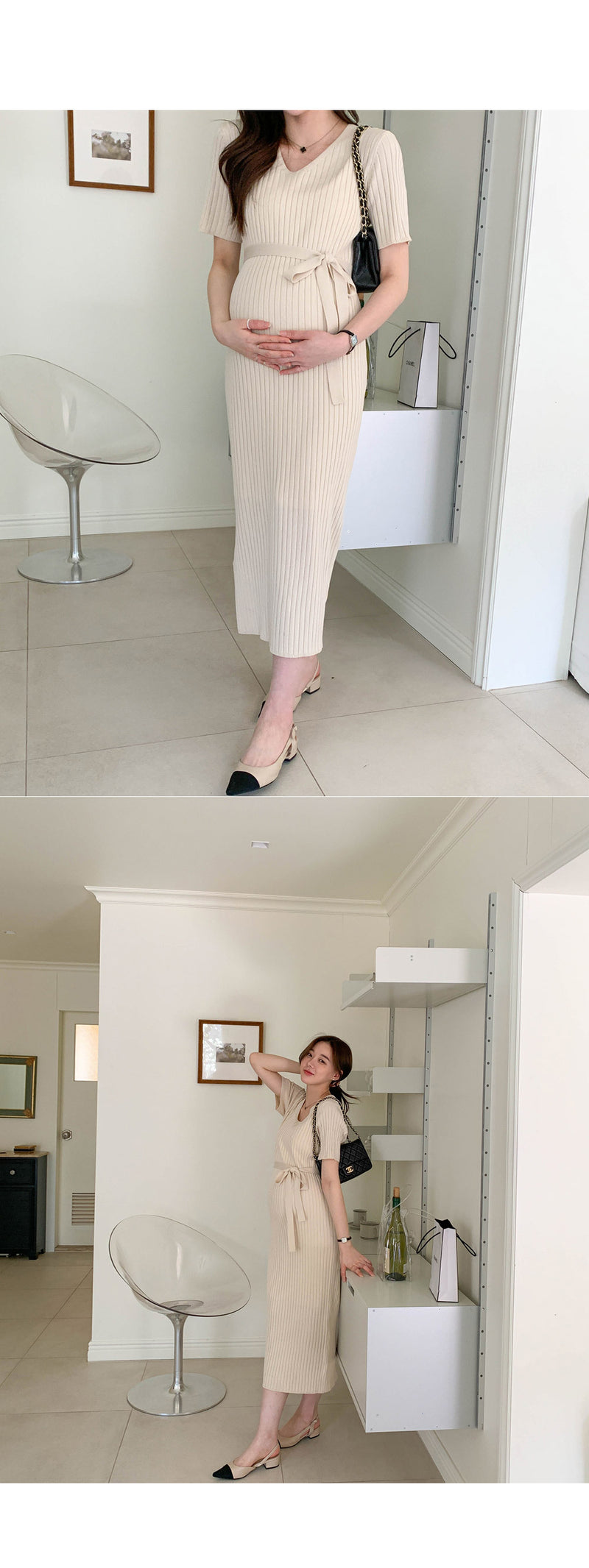 V Neck Ribbed Cooling Knit Dress