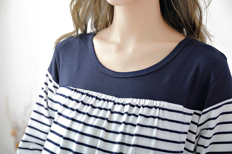 Japanese-Style Striped Nursing Long Dress