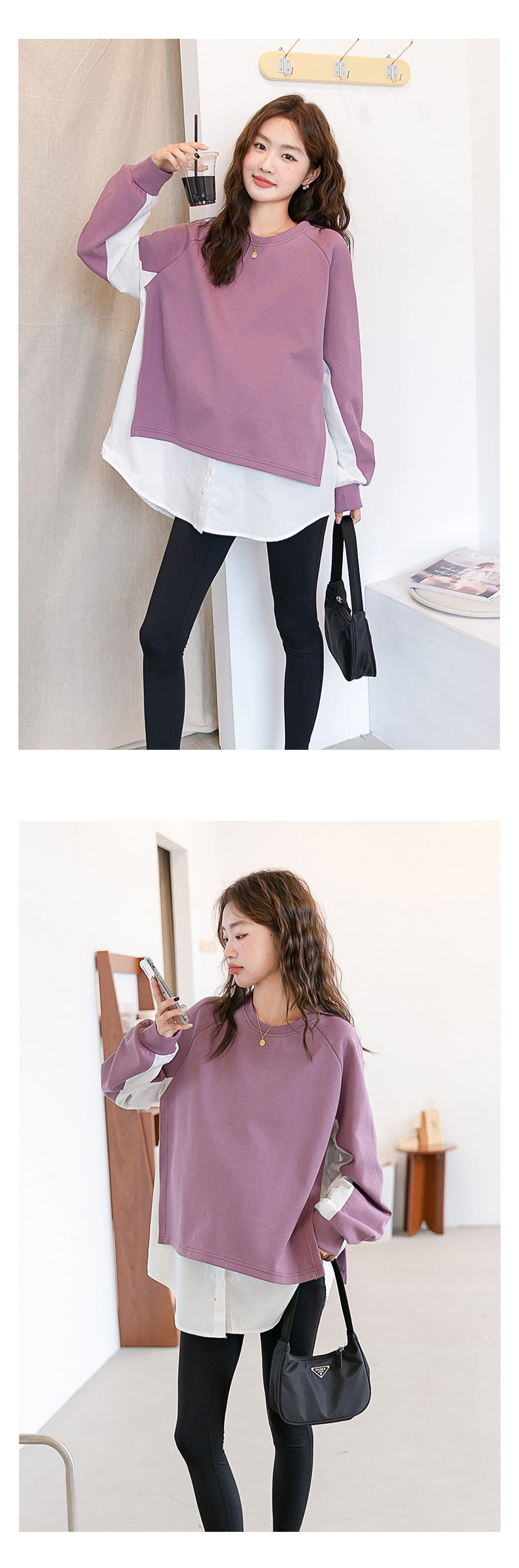 Layered-Look Loose Shoulder Slope Drop Sweatshirt
