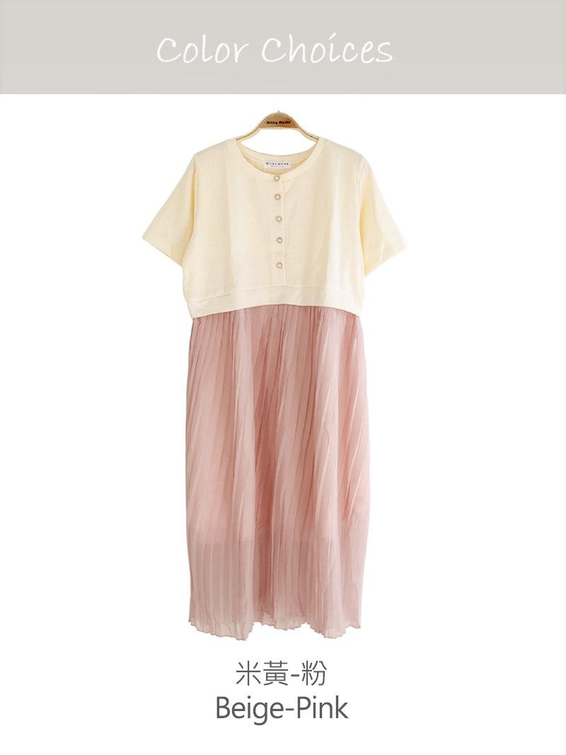 Elegant Pleated Pearl Button Dress