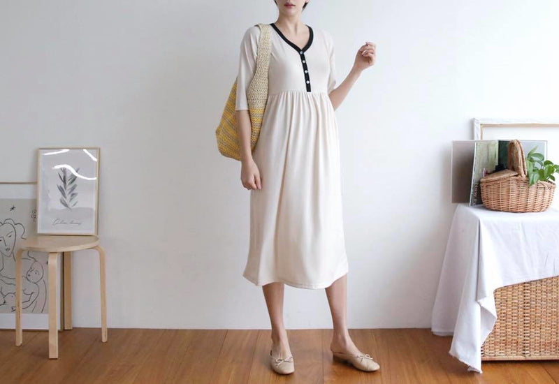 Soft Cotton Color Matching Buttoned Nursing Dress