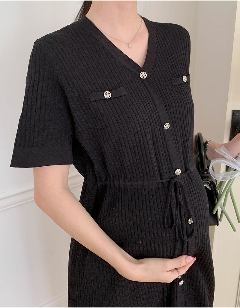 Ribbed V Neck Drawstring Dress