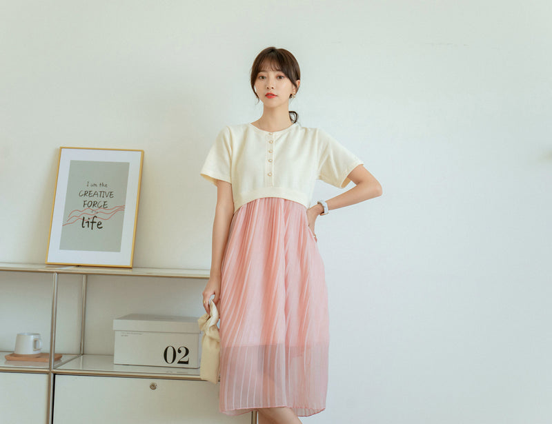Elegant Pleated Pearl Button Dress