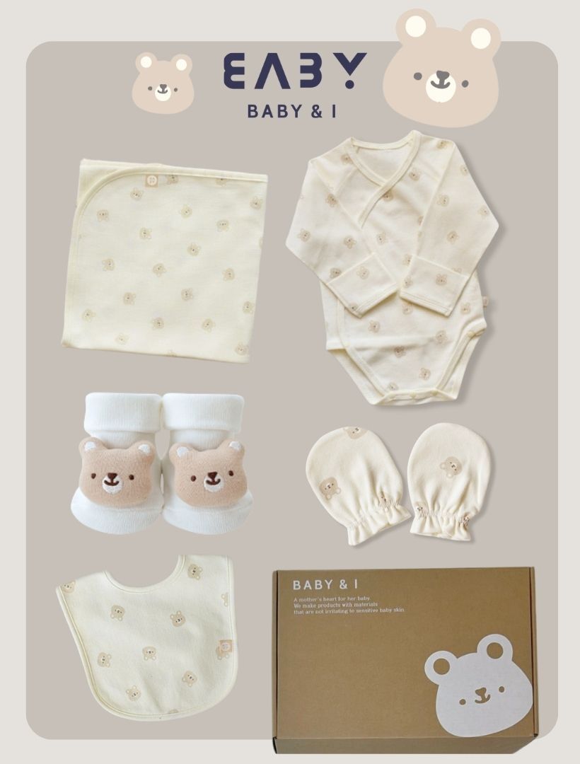 MMBP001 Baby&I Newborn Gift Set-Bear (Bib, Bodysuit, Swaddle Blanket, Mittens,Doll Cover Socks)