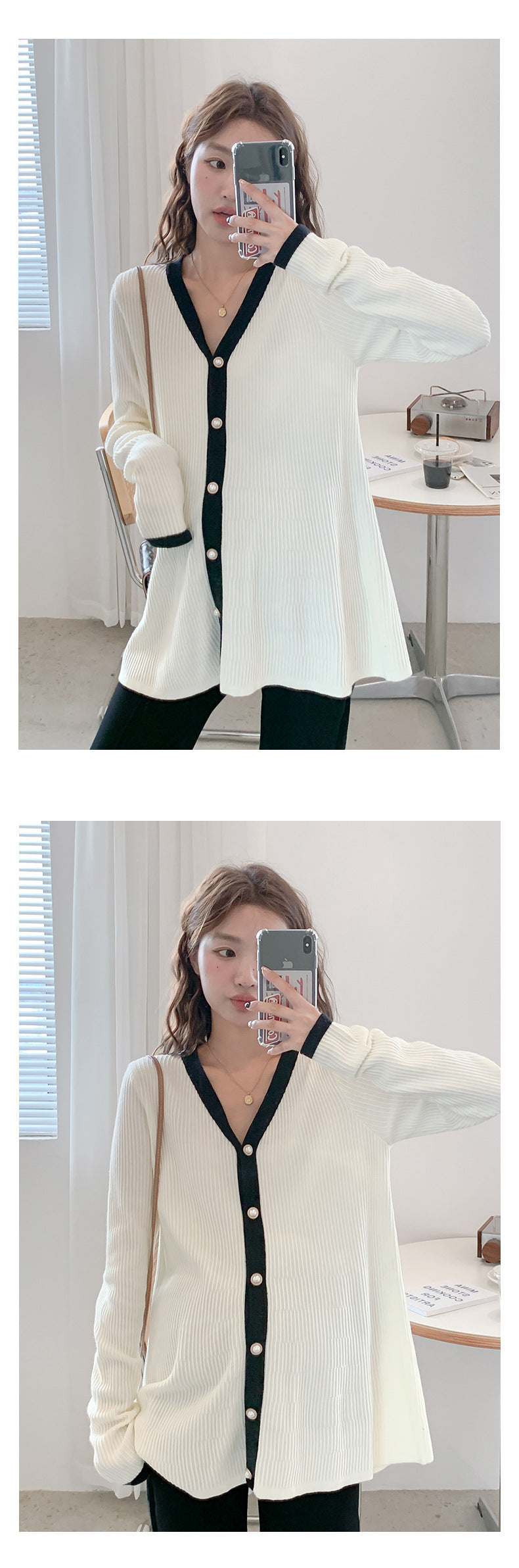 V-Neck Color Matching Ribbed Knit Coat