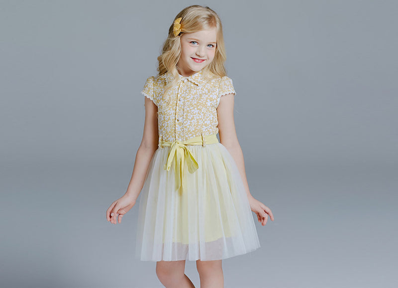 KDX1011 Yellow Flower Pearl Button Dress (Size:100-140)