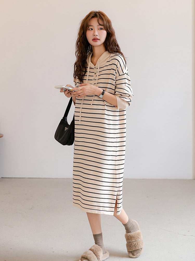 Hooded Knit Striped Midi Dress