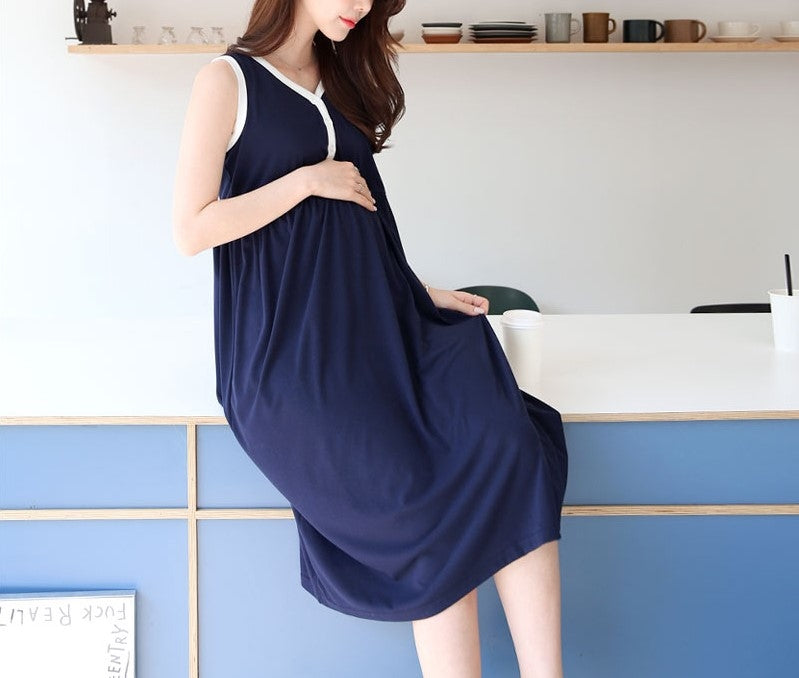 柔棉配色鈕扣哺乳背心裙