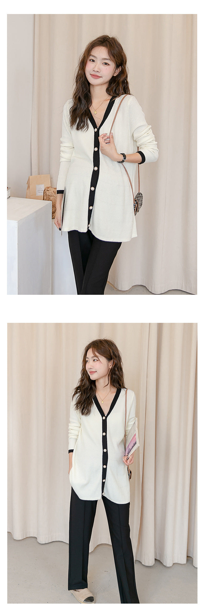 V-Neck Color Matching Ribbed Knit Coat