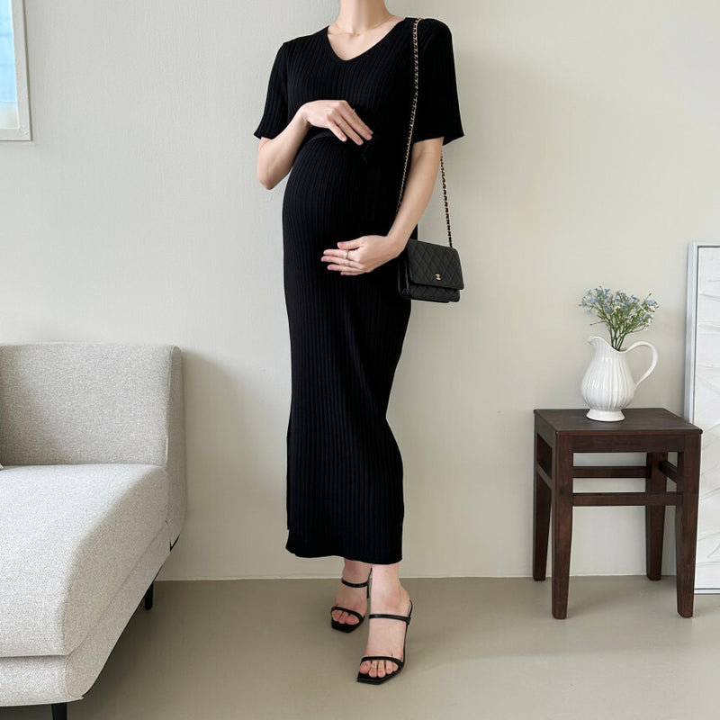 V Neck Ribbed Cooling Knit Dress