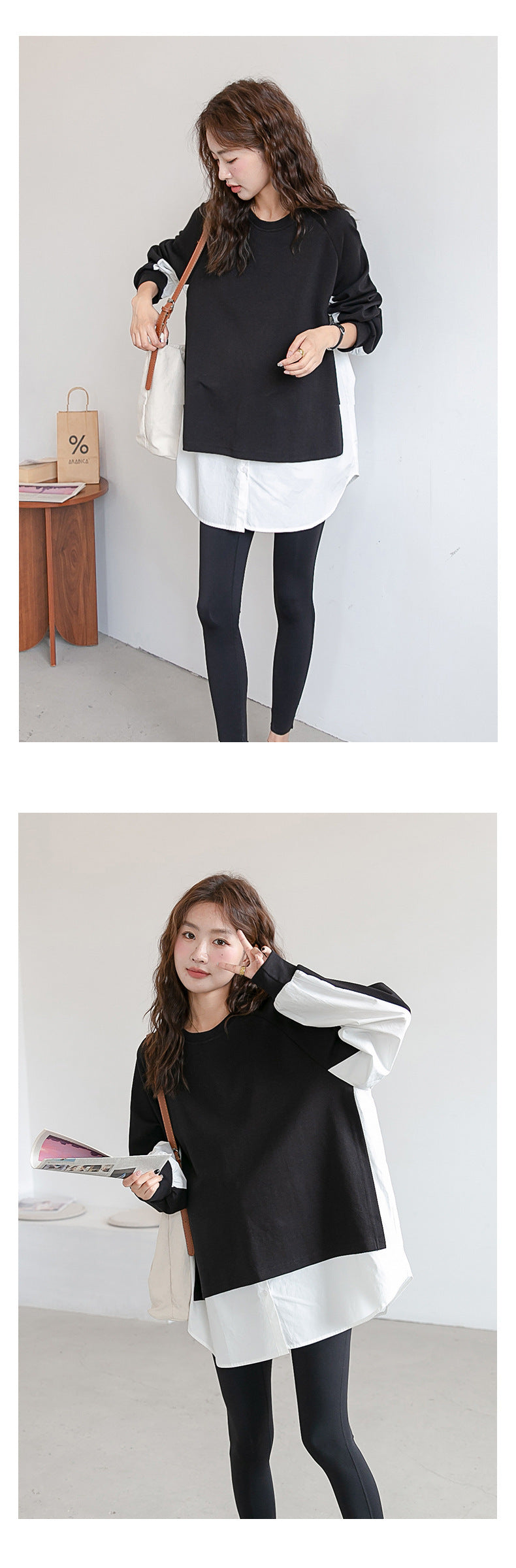 Layered-Look Loose Shoulder Slope Drop Sweatshirt