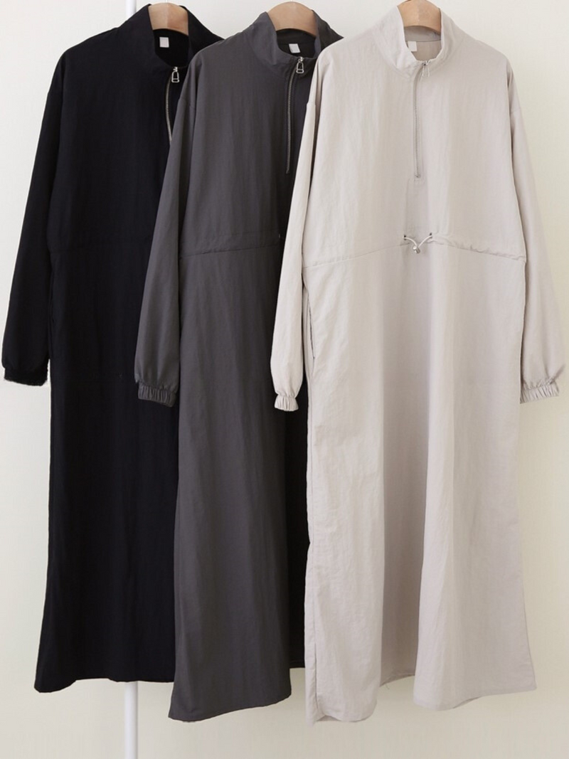 Simple Plain Color Drawstring Zip Up Dress