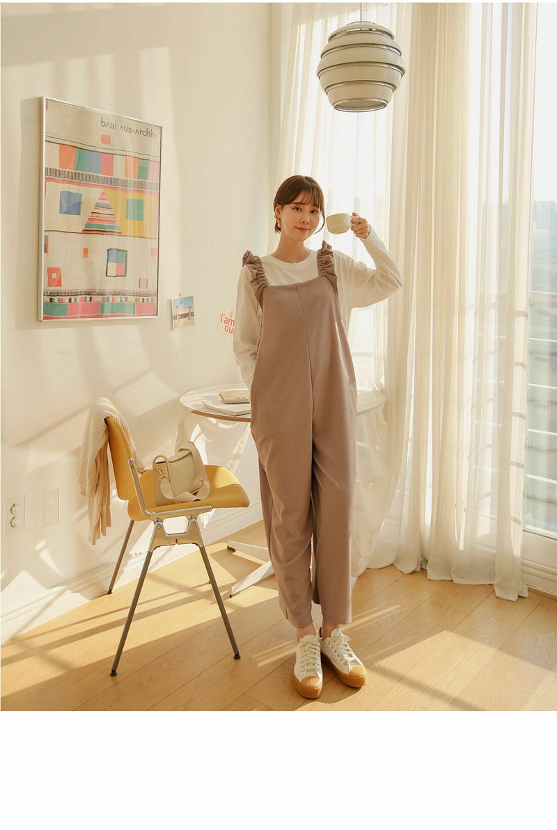 Frilled-Strap Wide-Leg Overall Pants