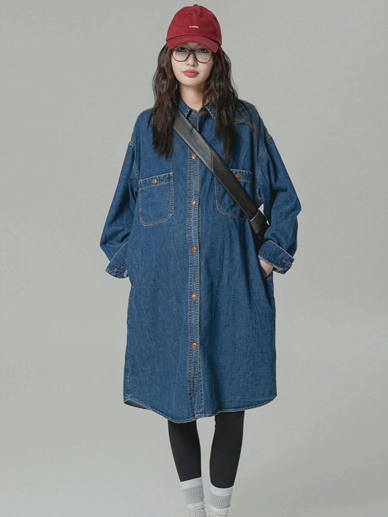 Lapel Oversized Long-Sleeved Denim Dress