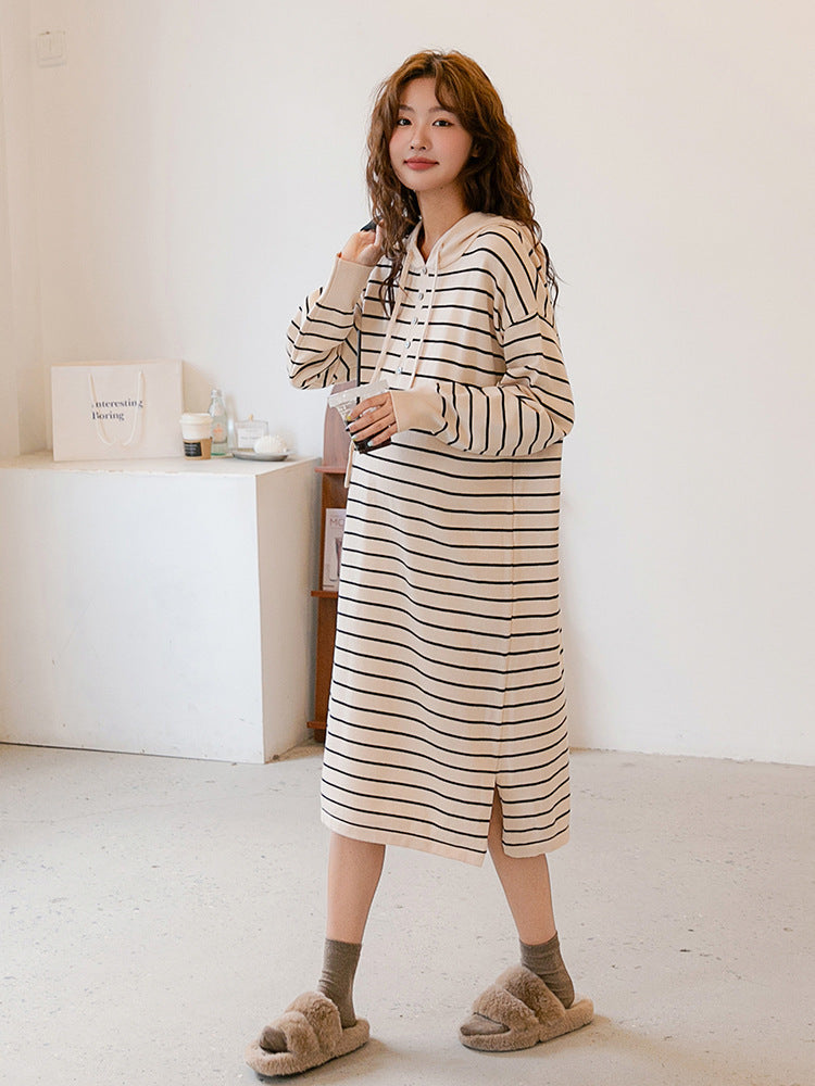 Hooded Knit Striped Midi Dress
