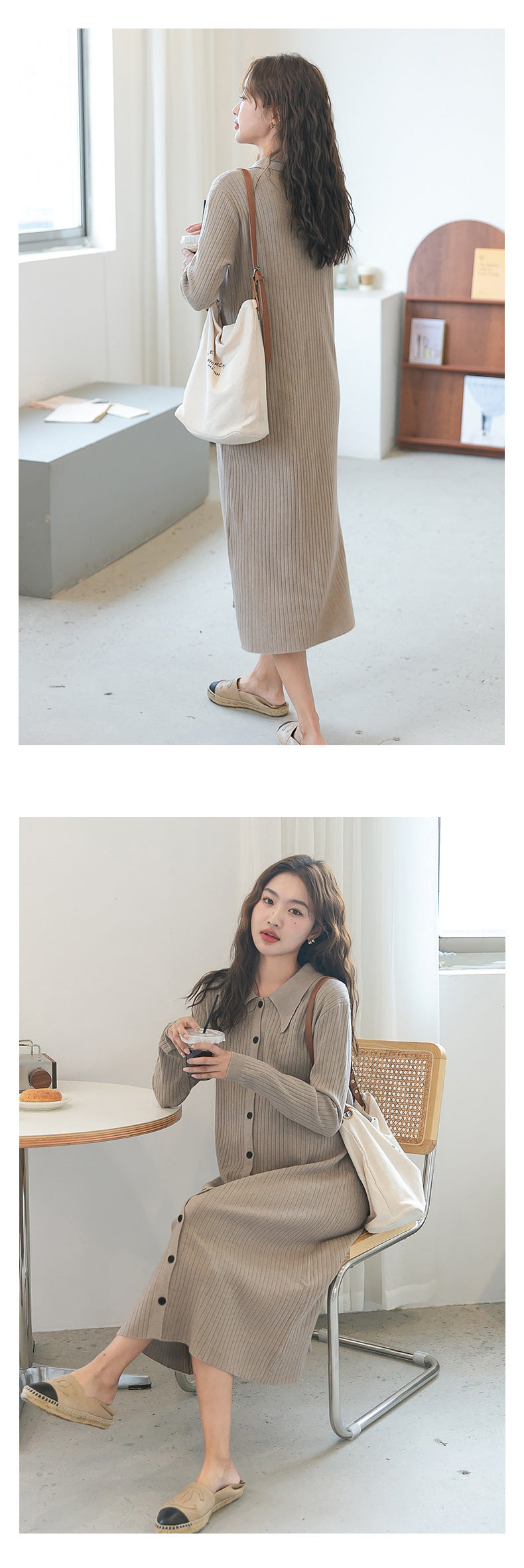 Lapel Ribbed Knit Dress