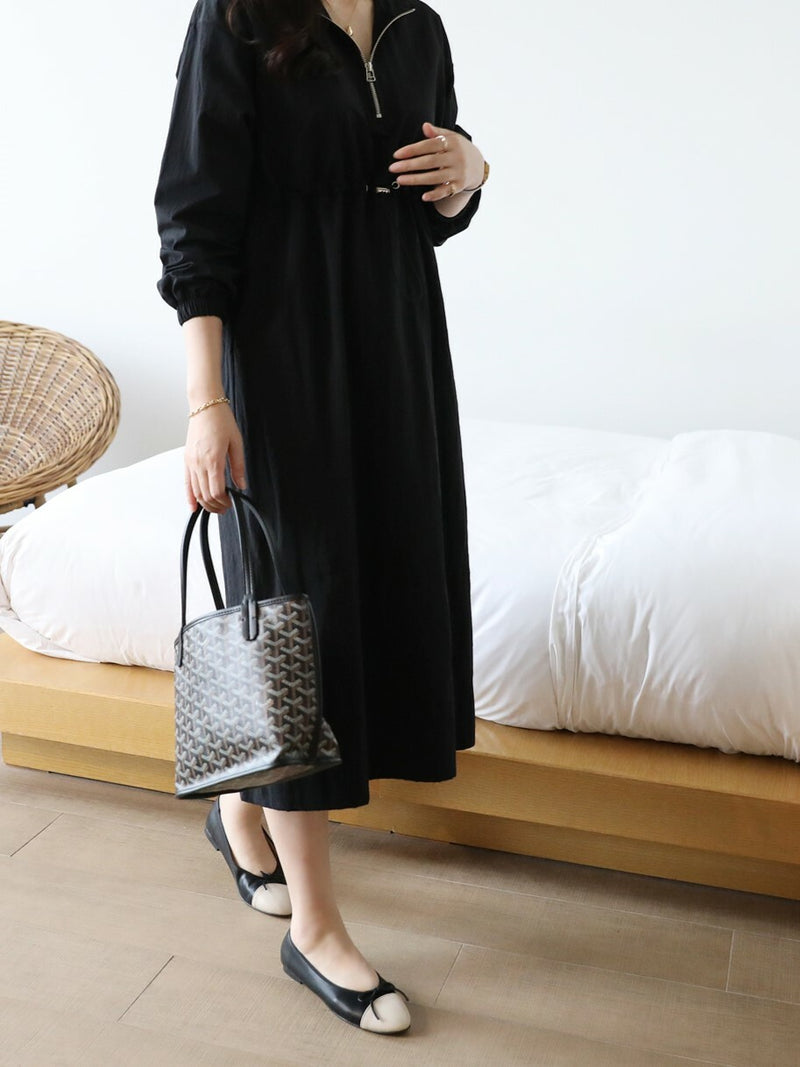 Simple Plain Color Drawstring Zip Up Dress