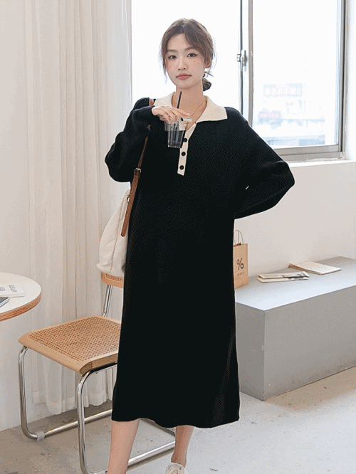 Knitted Lapel Color Button Dress