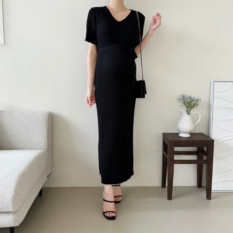 V Neck Ribbed Cooling Knit Dress