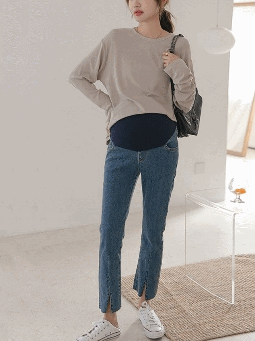 Split Hem Denim Jeans with Adjustable Waistband